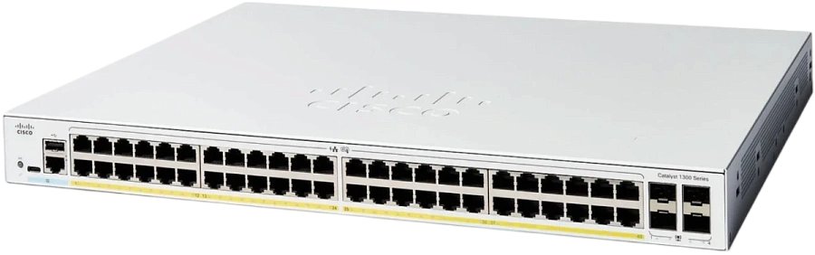 Коммутатор CISCO Catalyst 1300 (C1300-48P-4G) 48x 10/100/1000 RJ-45 PoE+, 4x 1Gb SFP uplinks, PoE+ 370W, RackMount Kit