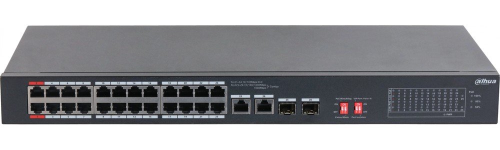 Коммутатор неуправляемый Dahua DH-S3226-24ET-240 (L2) 24x100Мбит/с 2xКомбо(1000BASE-T/SFP) 2SFP 24PoE