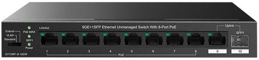 Коммутатор IP-COM G1110PF-8-120W неуправляемый PoE, 10 портов, 9x1 Гбит/с, SFP 1х1 Гбит/с, PoE 8х30 Вт (до 102 Вт)