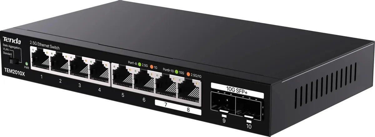 Коммутатор Tenda TEM2010X неуправляемый, 10 портов, RJ-45 8х2,5 Гбит/с, SFP+ 2х10 Гбит/с, настольный, металлический