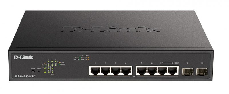 Коммутатор D-Link DGS-1100-10MPPV2/A3A, with 8 ports 10/100/1000Base-T and 2 ports 1000Base-X SFP (6 PoE ports 802.3af/802.3at (30 W)