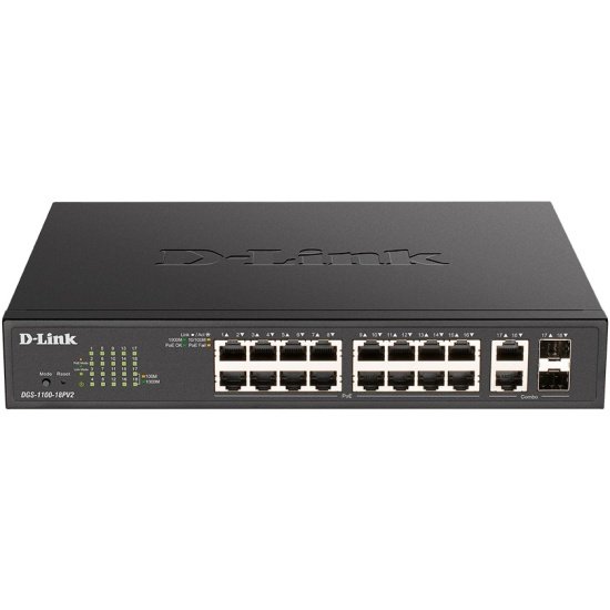 Коммутатор D-Link DGS-1100-18PV2/A3A с 16 портами 10/100/1000Base-T и 2 комбо-портами 1000Base-T/SFP