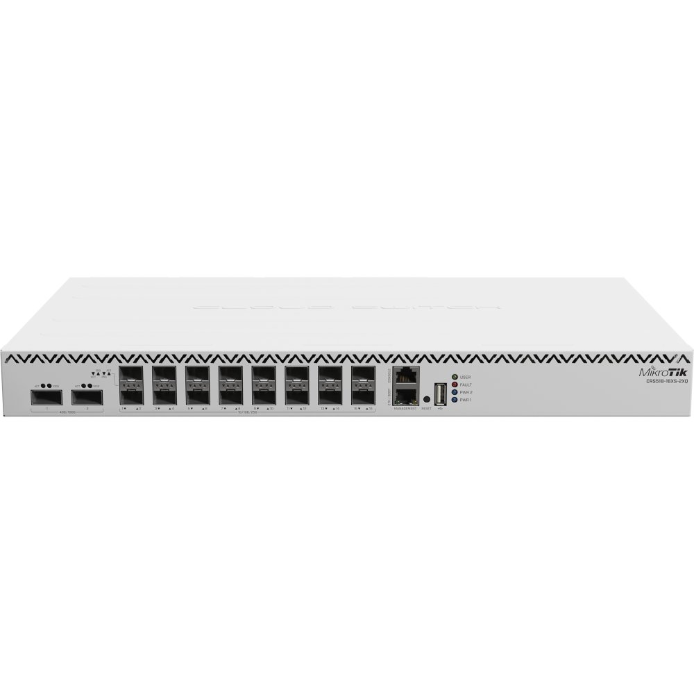 Коммутатор MIKROTIK CRS518-16XS-2XQ-RM 16xSFP28 25Гб, 2xQSFP28 100Гб, 1xRJ45 100Мб, коммутация до 1.2Тб, RouterOS