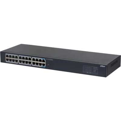 Коммутатор DAHUA DH-SG1024 24-портовый гигабитный неуправляемый, 22xRJ45 1Gb, 2xRJ45 1Gb uplink, коммутация 48 Гбит/с, MAC-таблица 8K, металл