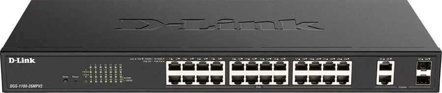 Коммутатор D-Link (DGS-1100-26MPPV2/A3A) 24G 2SFP 24PoE 90W управляемый
