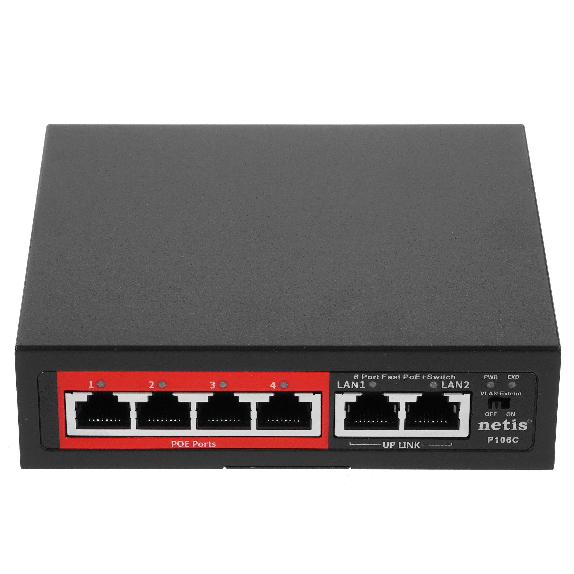 Коммутатор NETIS P106C 6x100Mb 4PoE+ 58W неуправляемый, функция PoE Watchdog (PoE авто перезагрузка) (1/20)