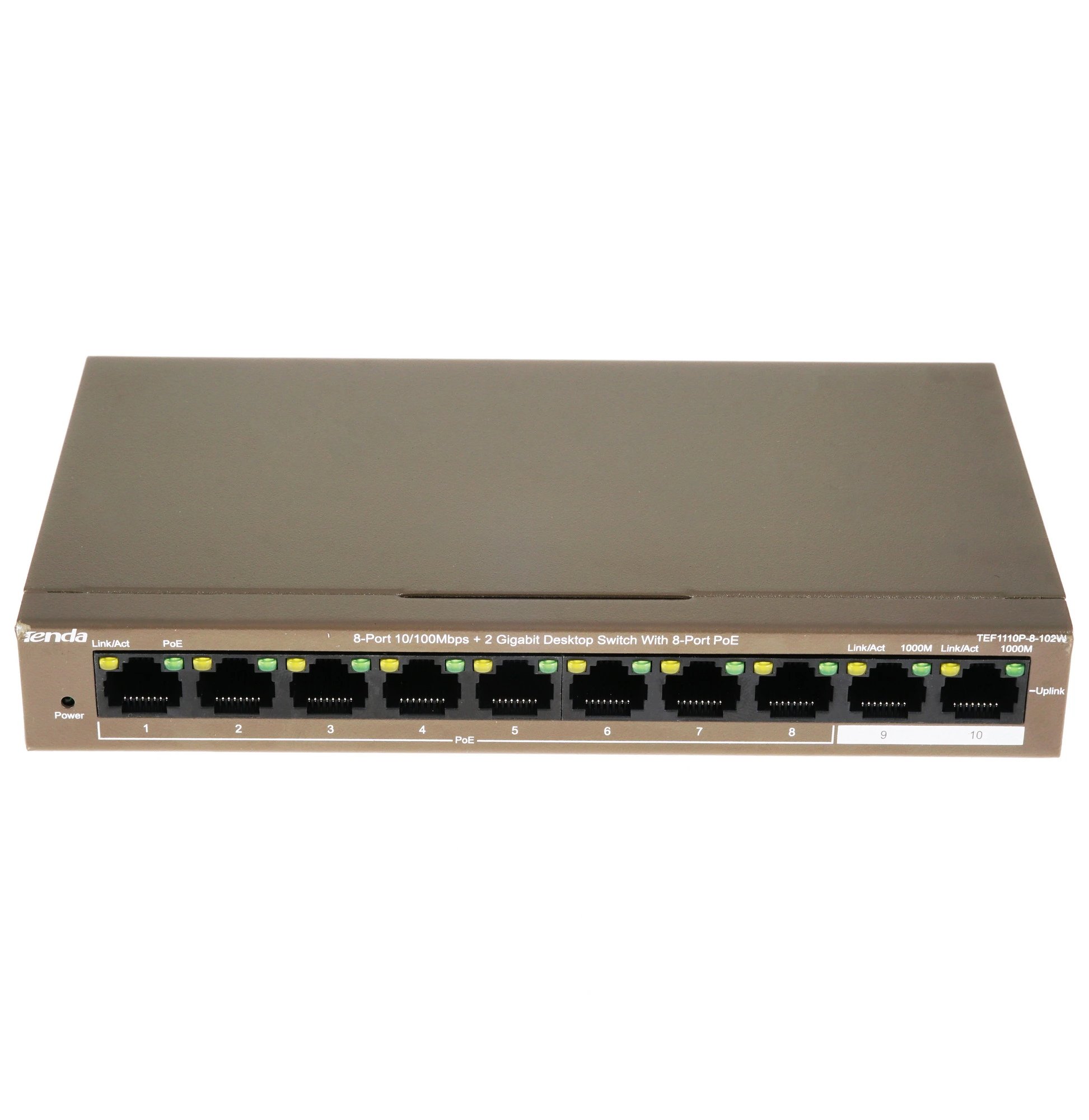 Коммутатор TENDA TEF1110P-8-102W, 8*10/100Base-TX, настольный неуправляемый PoE,(Data/Power) 2*10/100/1000Base-T (Data) (1/10)