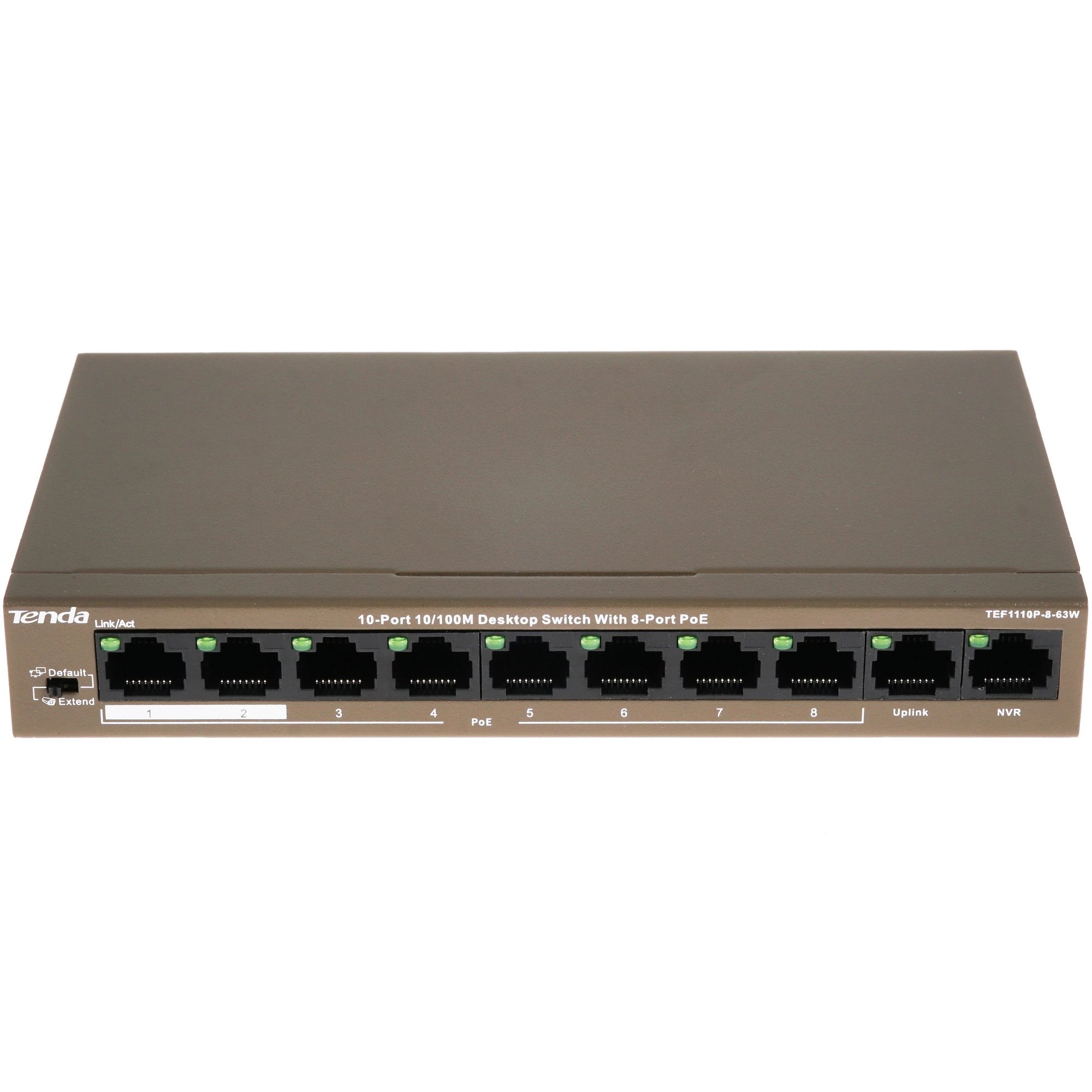 Коммутатор TENDA TEF1110P-8-63W, неуправляемый 8 портовый PoE, 8*10/100 Mbps Base-TX (Data/Power) 2*10/100 Mbps Base-TX(Data) (1/10)