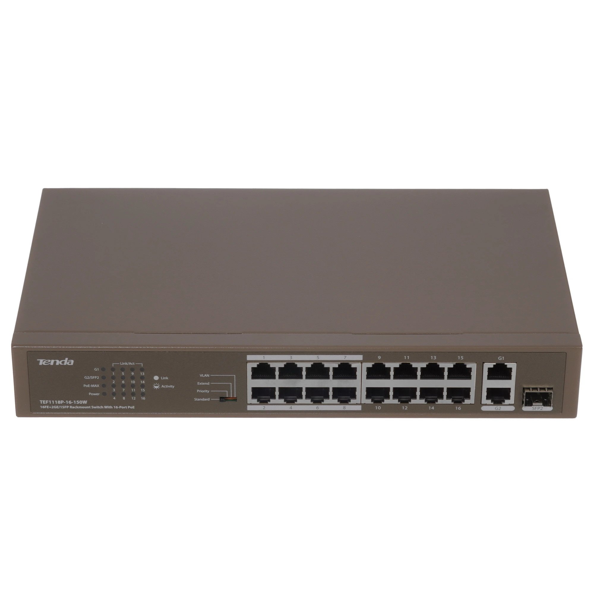 Коммутатор TENDA TEF1118P-16-150W, 16 портовый мегабитный неуправляемый PoE,16FE+ порт 2GE/1SFP, Desktop Switch With,16-Port, PoE (1/5)