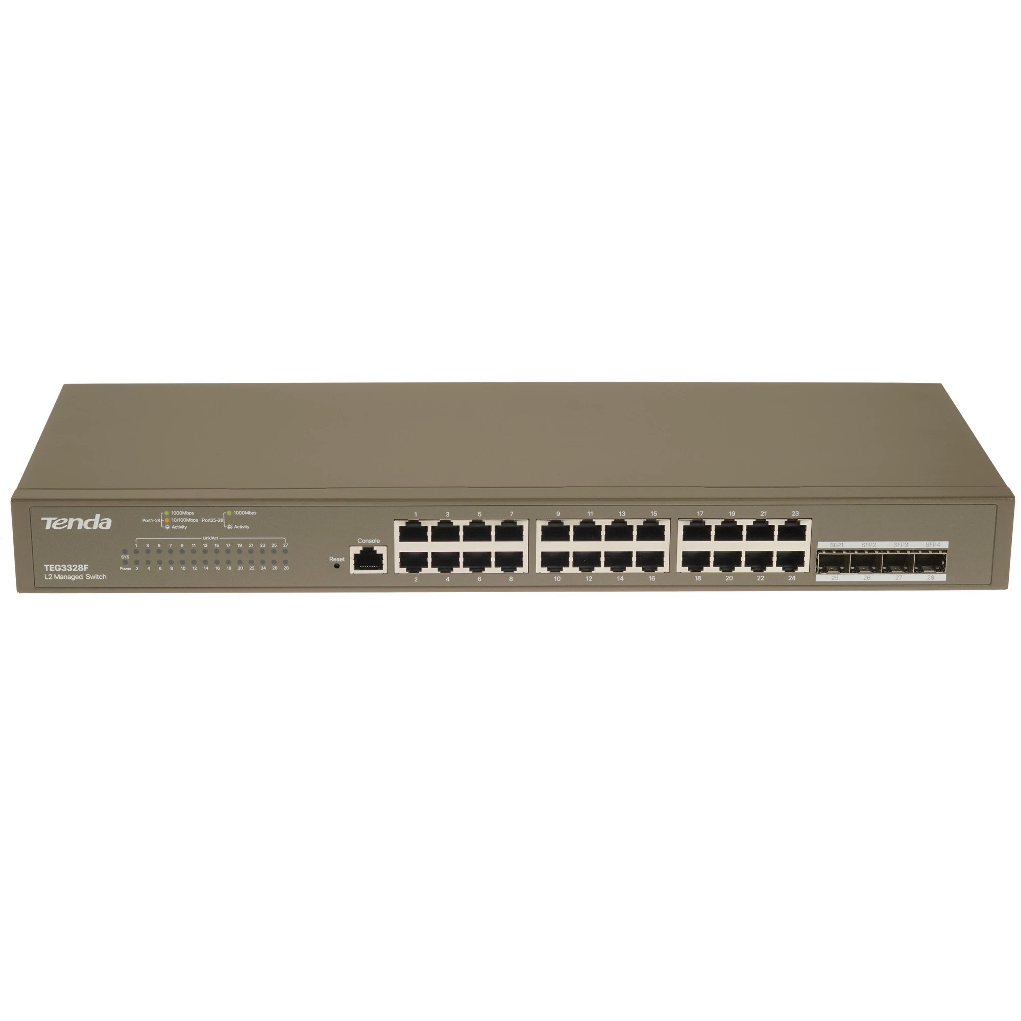 Коммутатор TENDA TEG3328F, управляемый уровня 2, 4*1000 Base-X, SFP ports, 1*Console port, 24*10/100/1000 Base-T Ethernet ports (1/5)