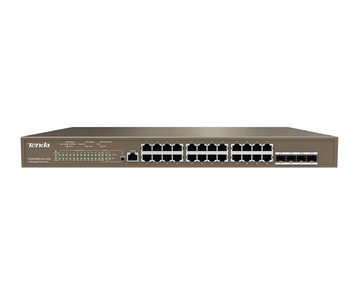 Коммутатор TENDA TEG5328P-24-410W уровня 3, PoE, управляемый гигабитный, 24*10/100/1000 Base-T Ethernet ports, 4*1000 Base-X, порт SFP (1/3)