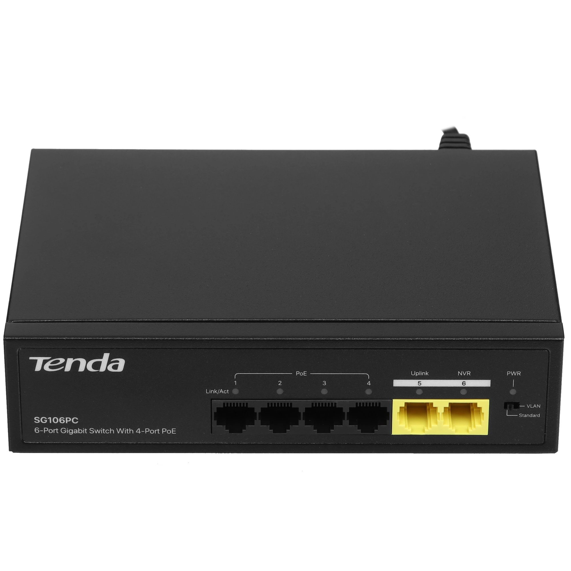 Коммутатор неуправляемый PoE Tenda SG106PC, 6 портов, 6x1 Гбит/с, PoE 4х до 30 Вт, 2хUplink, настольный ,черный (1/20)