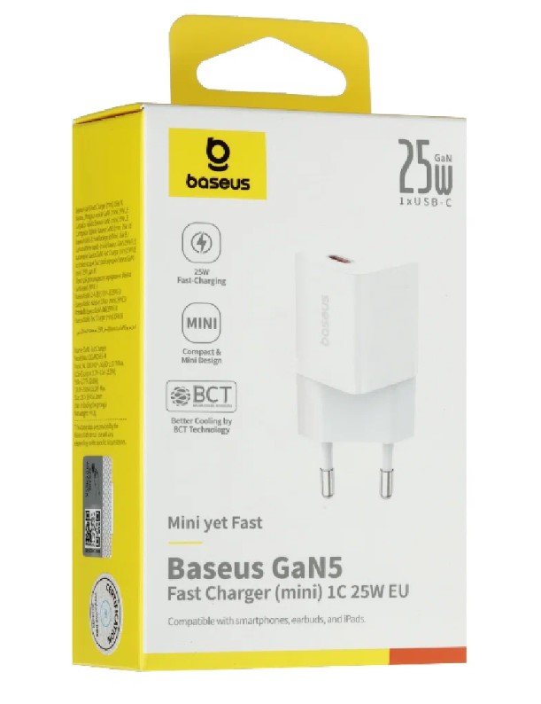 АП сетевой Baseus P101090923-00 Gan5 mini, 3.0А, 1 Type-C, 25W, 9V, пластик, белый