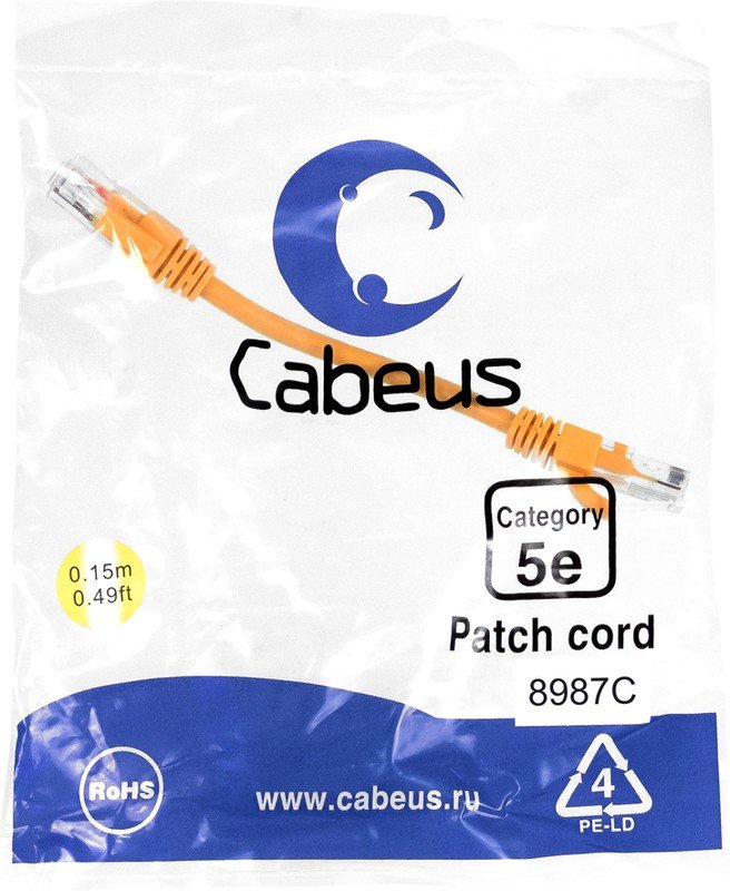 Патч-корд Cabeus PC-UTP-RJ45-Cat.5e-0.15m-OR-LSZH неэкранированный, оранжевый