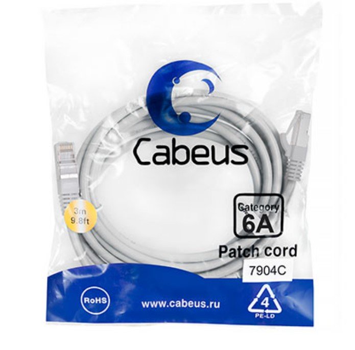 Патч-корд Cabeus (PC-SSTP-RJ45-Cat.6a-3m-LSZH) S/FTP, категория 6а (10G), 2xRJ45/8p8c, экранированный, серый, LSZH, 3м