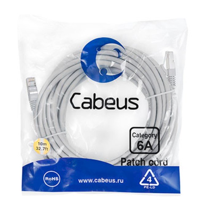 Патч-корд Cabeus (PC-SSTP-RJ45-Cat.6a-10m-LSZH) S/FTP, категория 6а (10G), 2xRJ45/8p8c, экранированный, серый, LSZH, 10м