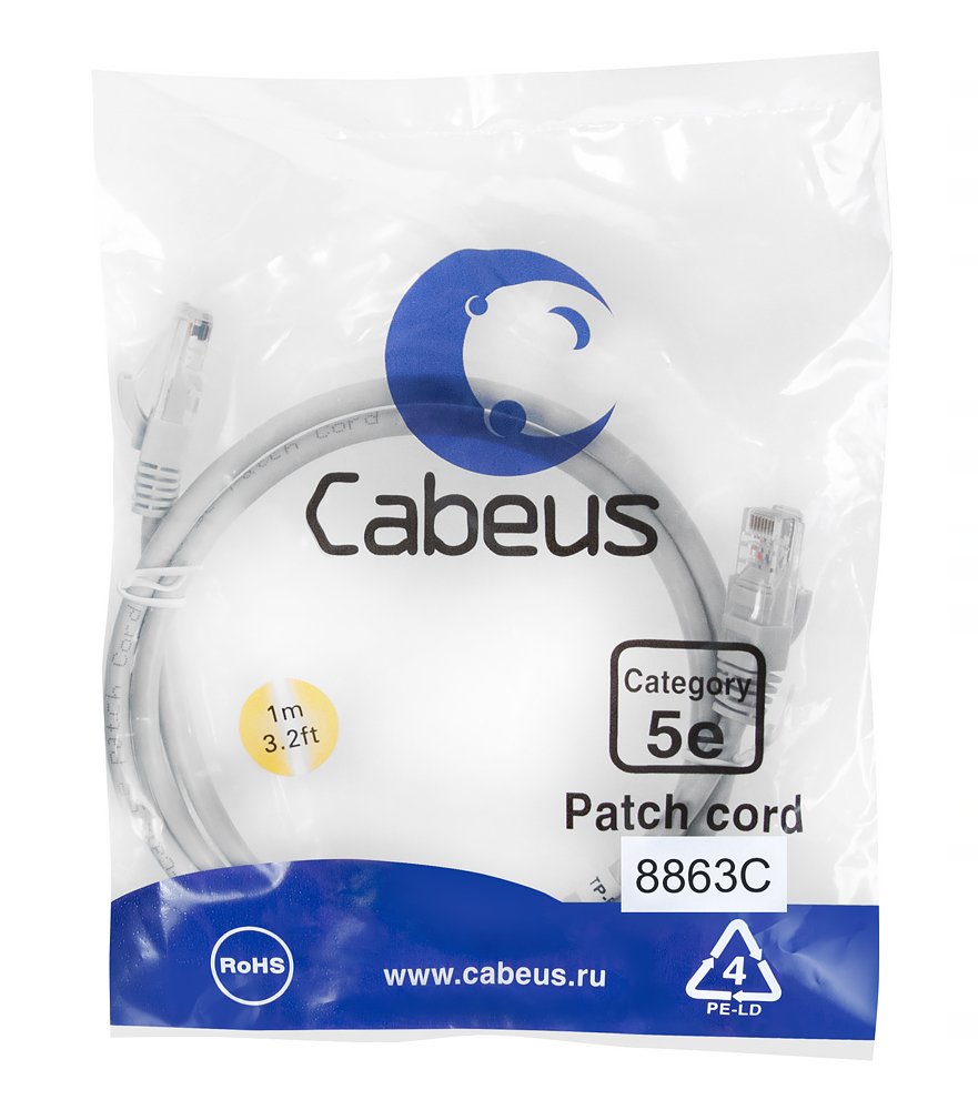 Патч-корд Cabeus (PC-UTP-RJ45-Cat.5e-1m-LSZH) U/UTP, категория 5е, 2xRJ45/8p8c, неэкранированный, серый, LSZH, 1м