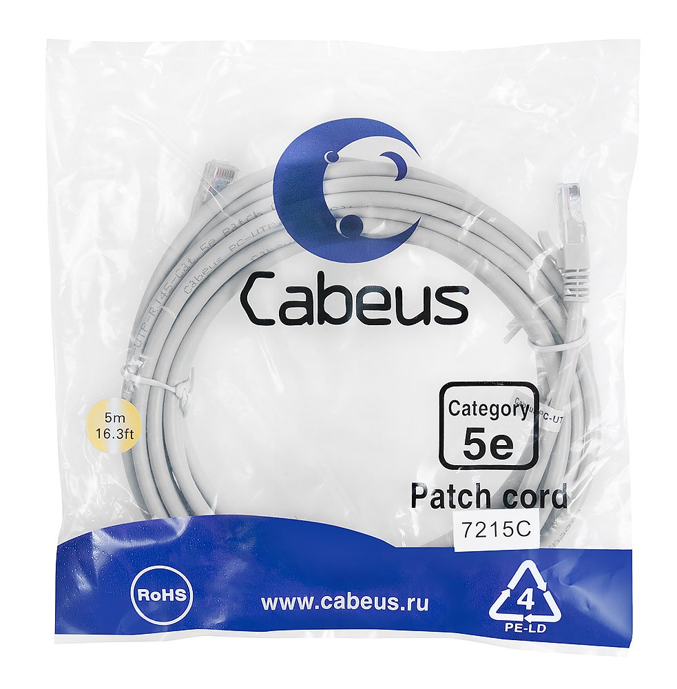 Патч-корд Cabeus (PC-UTP-RJ45-Cat.5e-5m) U/UTP, категория 5е, 2xRJ45/8p8c, неэкранированный, серый, PVC, 5м
