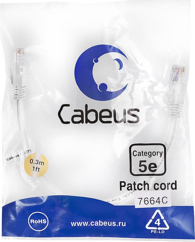 Патч-корд Cabeus PC-UTP-RJ45-Cat.5e-0.3m-WH неэкранированный, белый