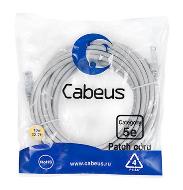 Патч-корд Cabeus (PC-UTP-RJ45-Cat.5e-10m) U/UTP, категория 5е, 2xRJ45/8p8c, неэкранированный, серый, PVC, 10м