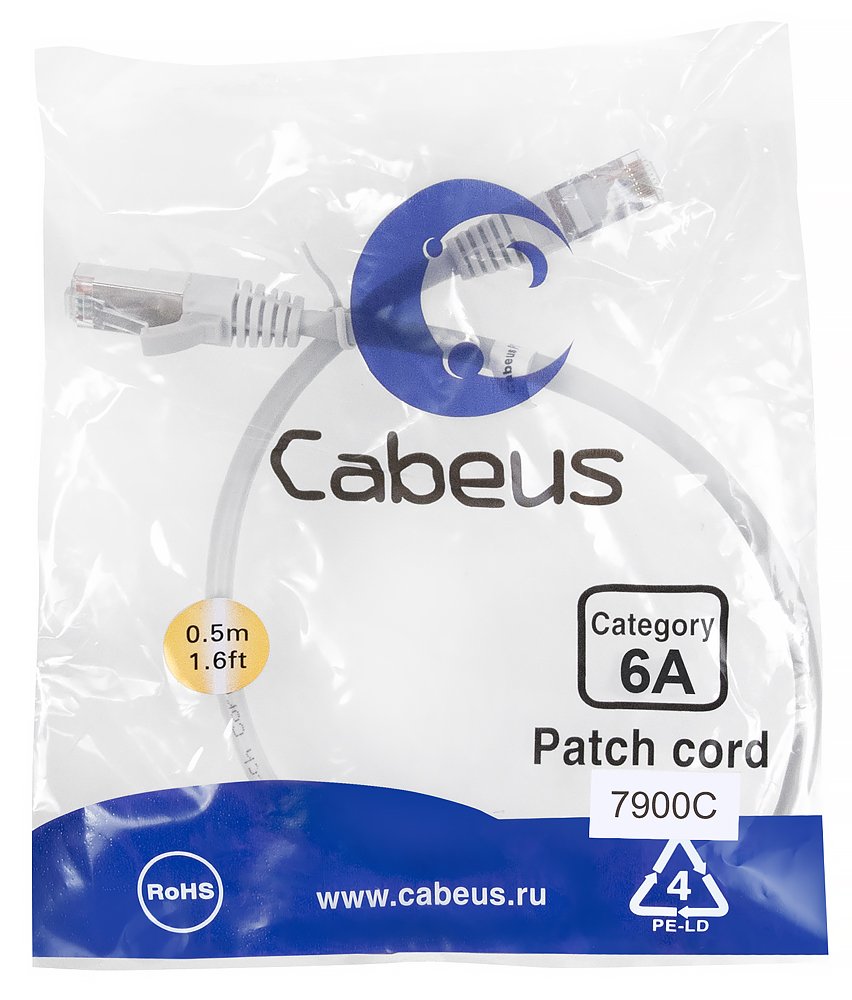 Патч-корд Cabeus (PC-SSTP-RJ45-Cat.6a-0.5m-LSZH) S/FTP, категория 6а (10G), 2xRJ45/8p8c, экранированный, серый, LSZH, 0.5м