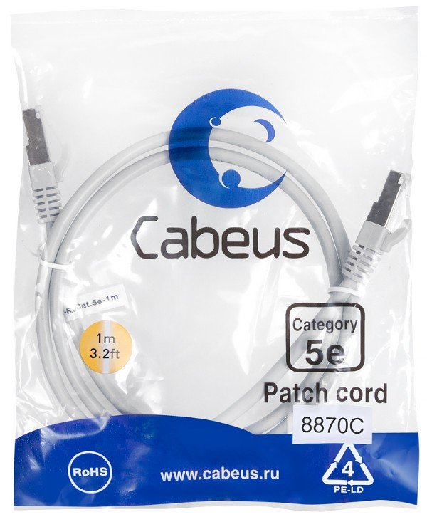Патч-корд Cabeus PC-FTP-RJ45-Cat.5e-1m-LSZH экранированный, серый