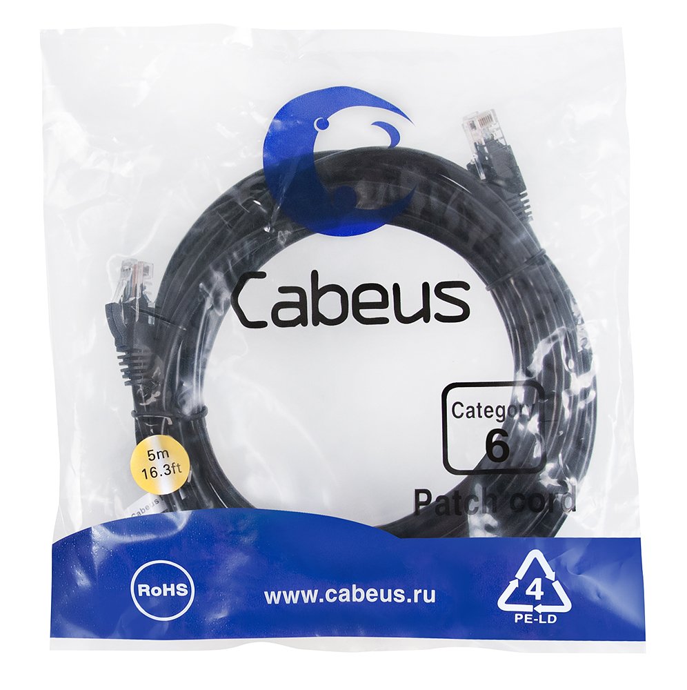 Патч-корд Cabeus PC-UTP-RJ45-Cat.6-5m-BK неэкранированный, черный