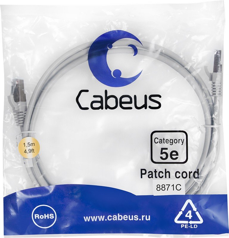 Патч-корд Cabeus PC-UTP-RJ45-CAT.5E-1.5M-LSZH неэкранированный, серый