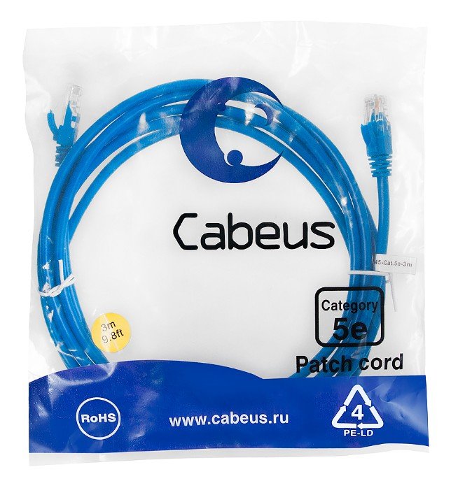 Патч-корд Cabeus PC-UTP-RJ45-Cat.5e-3m-BL-LSZH неэкранированный, синий