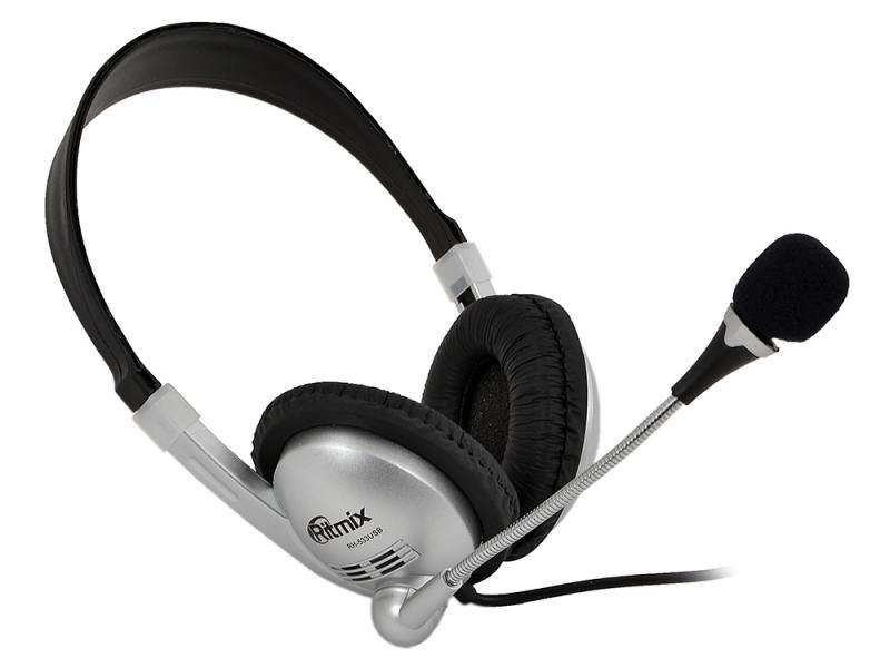 Наушники Ritmix RH-533USB Silver, микрофон, регулятор громкости, выключатель микрофона, выключатель наушников, O40 мм, кабель: 2,4 м