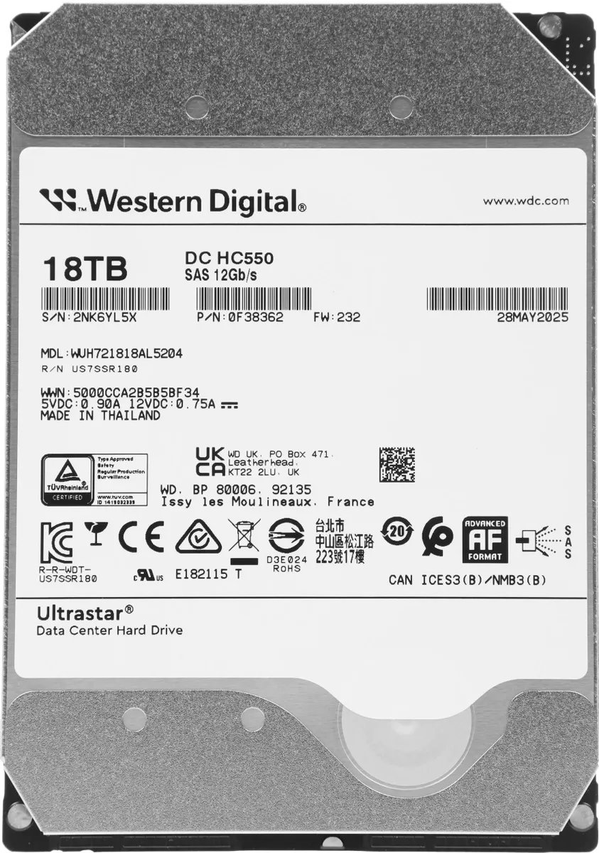 HDD WD Ultrastar DC HC550 512E 0F38362 WUH721818AL5204 SAS 3.0 18TB (7200rpm) 512Mb 3.5"