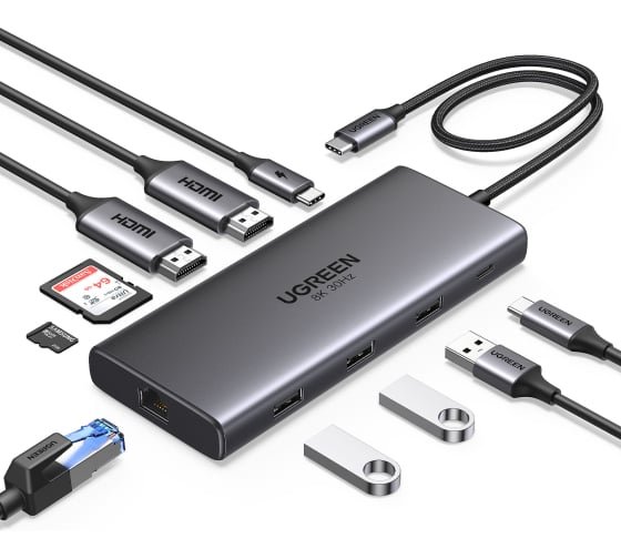 Кабель UGREEN CM639 (15534) Revodok Pro 10-in-1 8K 30Hz 2*HDMI with PD Converter Gray