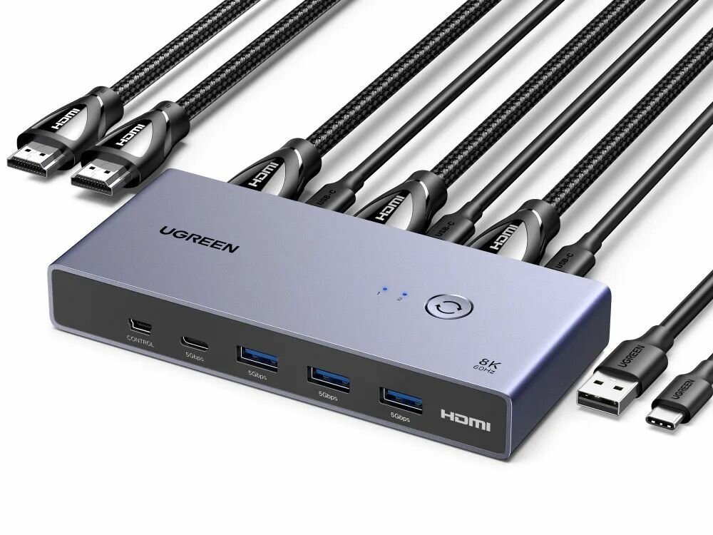 Переключатель UGREEN CM692 (25961) 8K@60Hz HDMI 2.1 KVM Switch 2-in-1 Out With Desktop Controller Gray