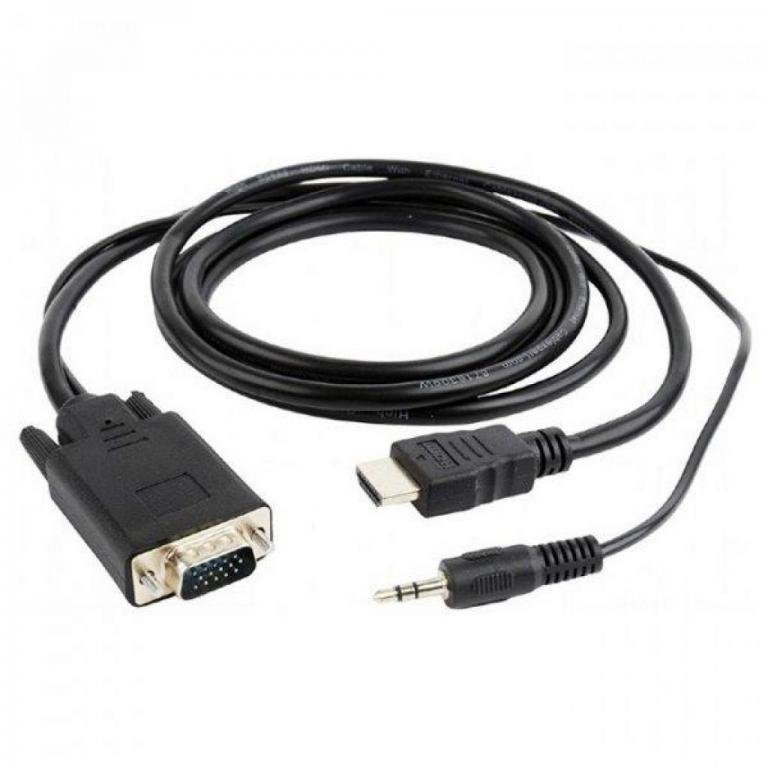 Конвертер HDMI-1.4a (папа) - D-SUB/VGA (папа) + Audio stereo (mini-jack 3.5 mm), встр. кабель 1,8 м, чёрный, позол. разъёмы, Cablexpert A-HDMI-VGA-03-6