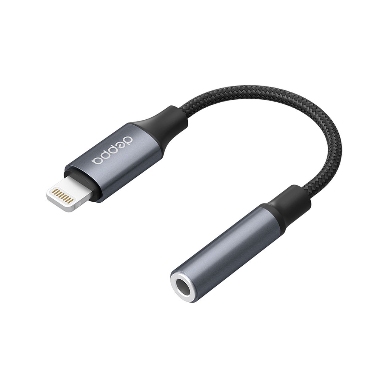 Переходник-адаптер Lightning 8-pin (M) – 3.5mm Jack (F), прямое подкл., металл, графит, Deppa