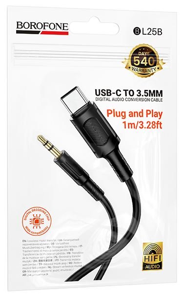 Аудио кабель BOROFONE BL25/ AUX /3.5 mm jack - Type-C/ 1m/ Черный, (Арт. B-24778)