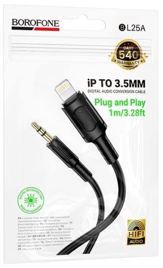 Аудио кабель BOROFONE BL25/ AUX /3.5 mm jack - Lightning/ 1m/ Черный, (Арт. B-24761)