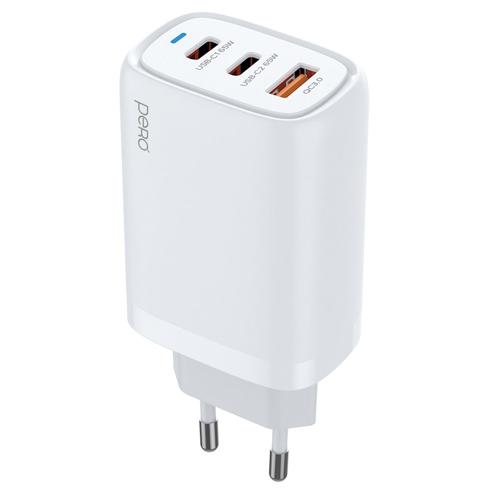 СЗУ PERO TC23 GAN, USB-A QC 3.0 + USB-C PD + USB-C PD, 65W белый