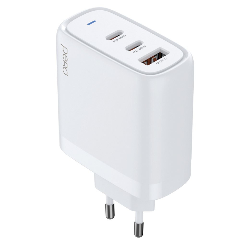 СЗУ PERO TC22 USB-A QC 3.0 + USB-C PD + USB-C PD, 65W белый
