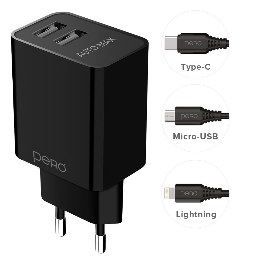 СЗУ PERO TC02 2USB 2.1A c кабелем Lightning в комплекте, черный