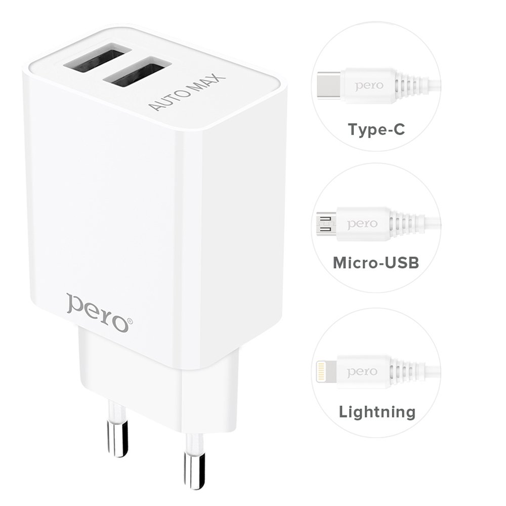 СЗУ PERO TC02 2USB 2.1A c кабелем Micro USB в комплекте, белый
