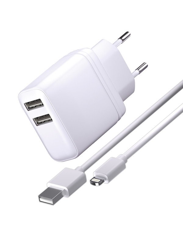 Сетевое зарядное устройство 2USB, 3A + Дата-кабель 8 pin, 1м, белое