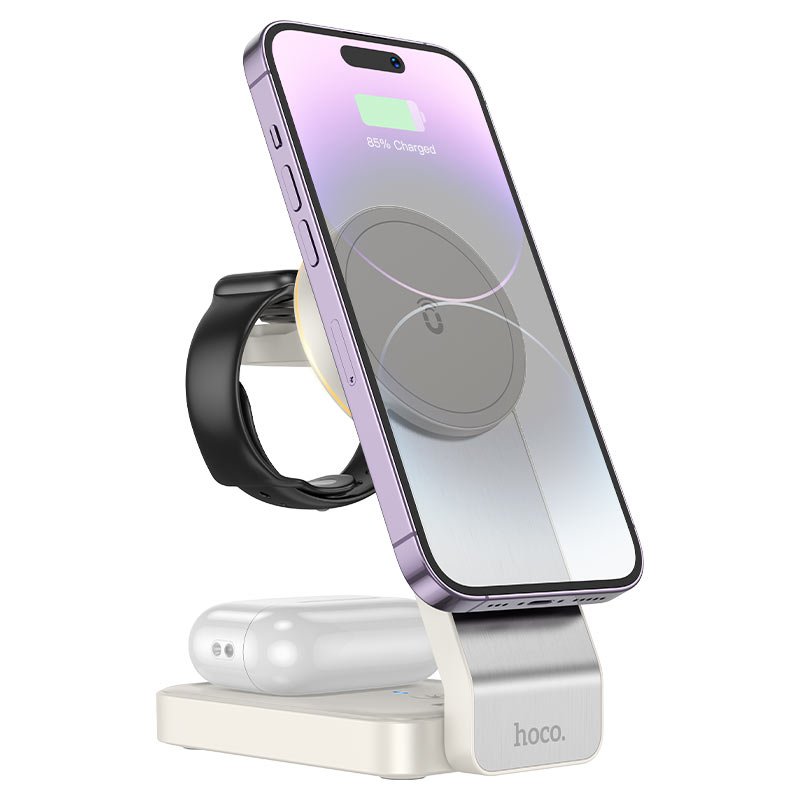Беспроводное ЗУ HOCO CQ3 Motorcycle folding 3-in-1 magnetic wireless fast charger (белый)