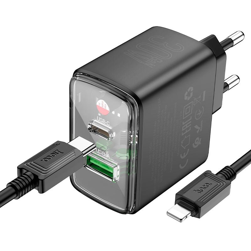 Блок питания сетевой HOCO CS42A Smart 1USB, 1Type-C 5V, 3.0A, 30Вт, PD, QC 3.0, кабель Type-C, 8-pin, 1.0м чёрный