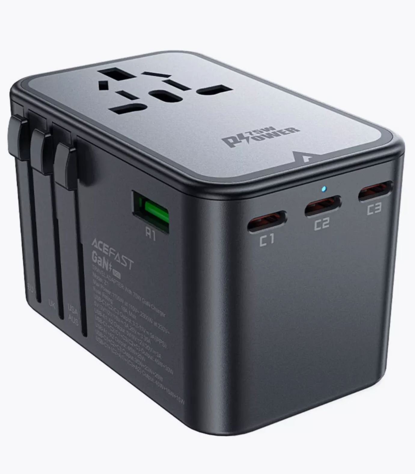СЗУ ACEFAST Z1 PD75W GaN (3*USB-C+2*USB-A) multifunctional charging adapter, black gray