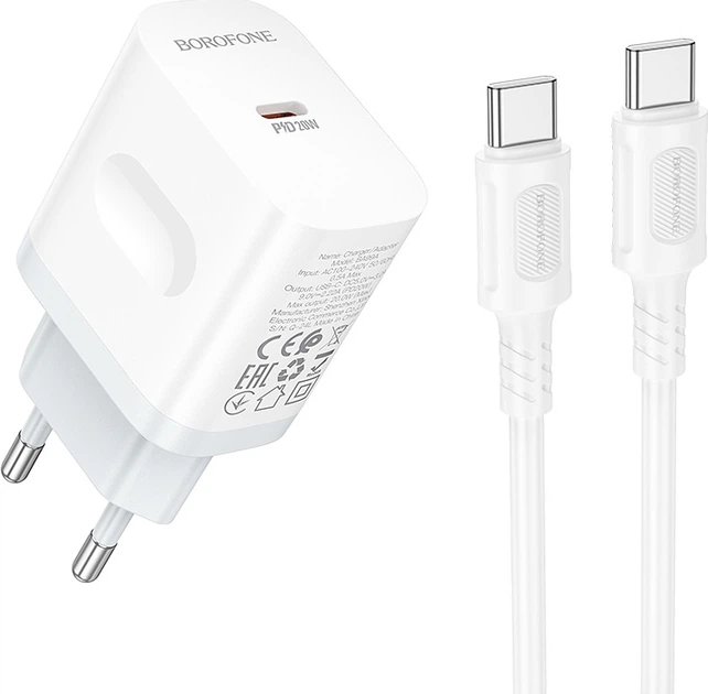 Блок питания сетевой 1 Type-C Borofone BA99A Breeze, пластик, 3.0A, PD20Вт, кабель Type-C - Type-C, цвет: белый (1/60/240)