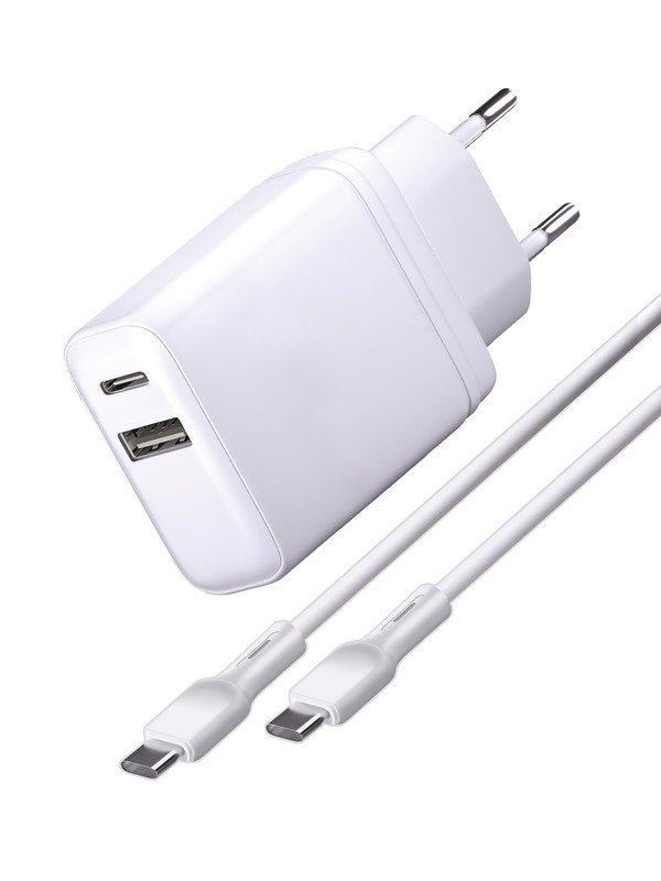 Сетевое зарядное устройство Super Charge PD+QC, 65W + Дата-кабель  Type-C - Type-C, 65W, 1м, белое