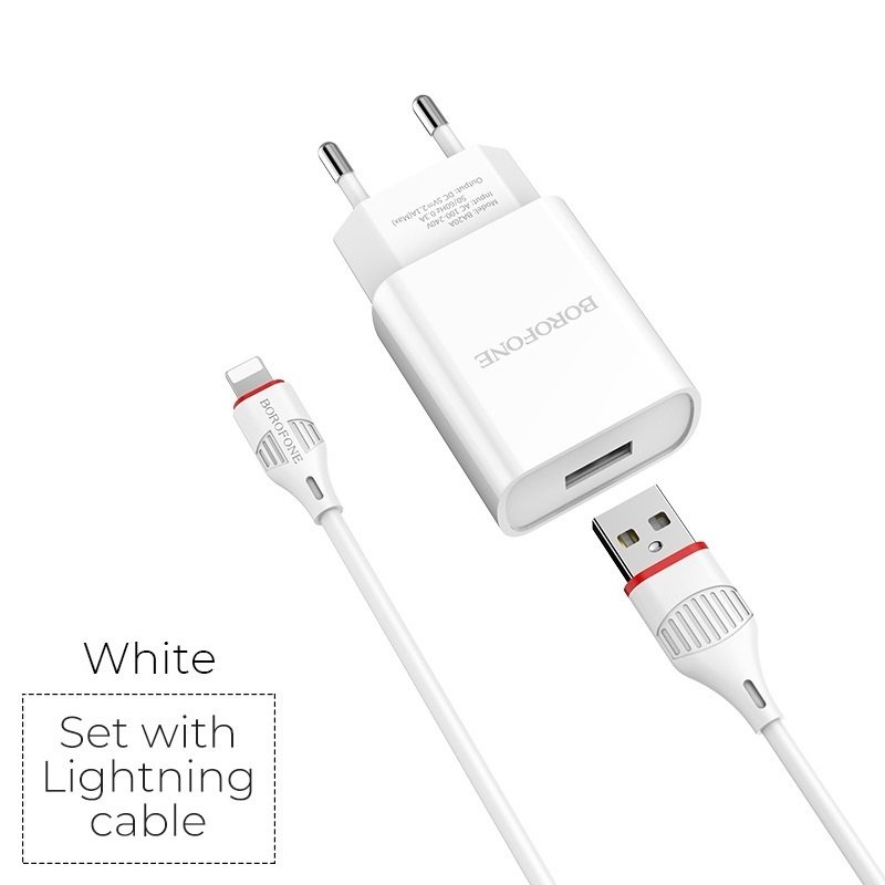 СЗУ Borofone BA20A 5V/2,1A 1USB Sharp single port + lightning cable, white
