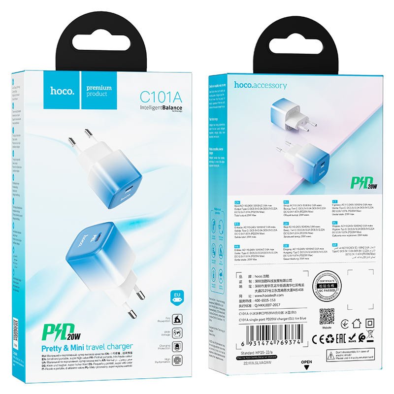 СЗУ HOCO C101A, 1USB, PD20W, Type-C + lightning (EU) (синий)