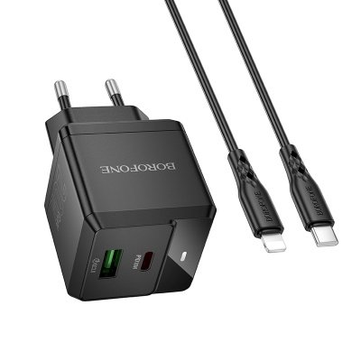 Блок питания сетевой Borofone BN19 Intenso USB, Type-C PD20W, QC3.0, кабель 8pin-Type-C, 1,0м чёрный